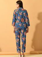 Myshka Women's Blue Printed Coat With Trousers | Grocsy