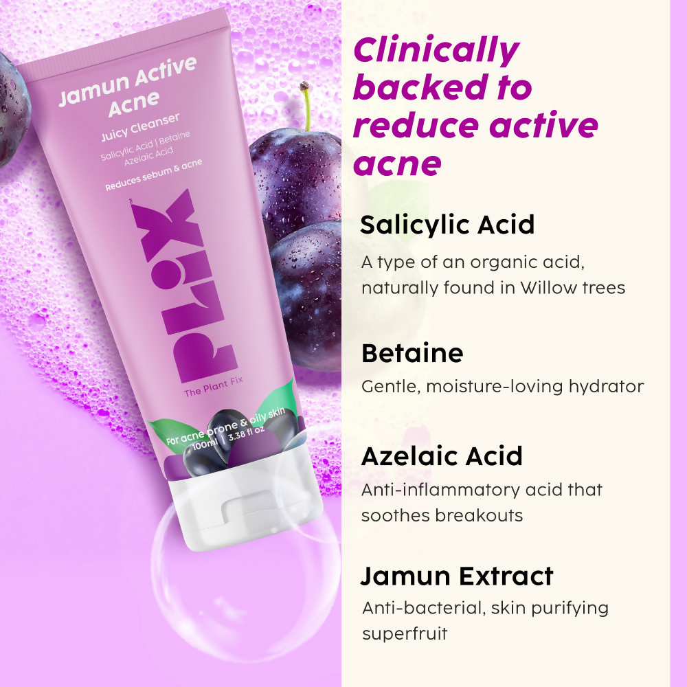 PLIX The Plant Fix Jamun Skincare With Cleanser, Body Wash & Active Acne Serum For Women & Men | Grocsy