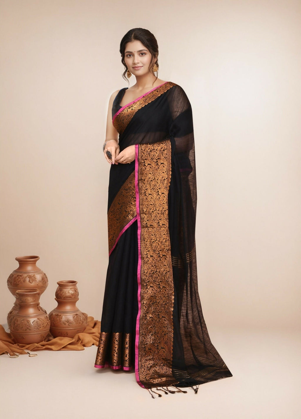 Joban Fashion Black Cotton Blend Handloom Saree | Grocsy