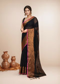 Joban Fashion Black Cotton Blend Handloom Saree | Grocsy