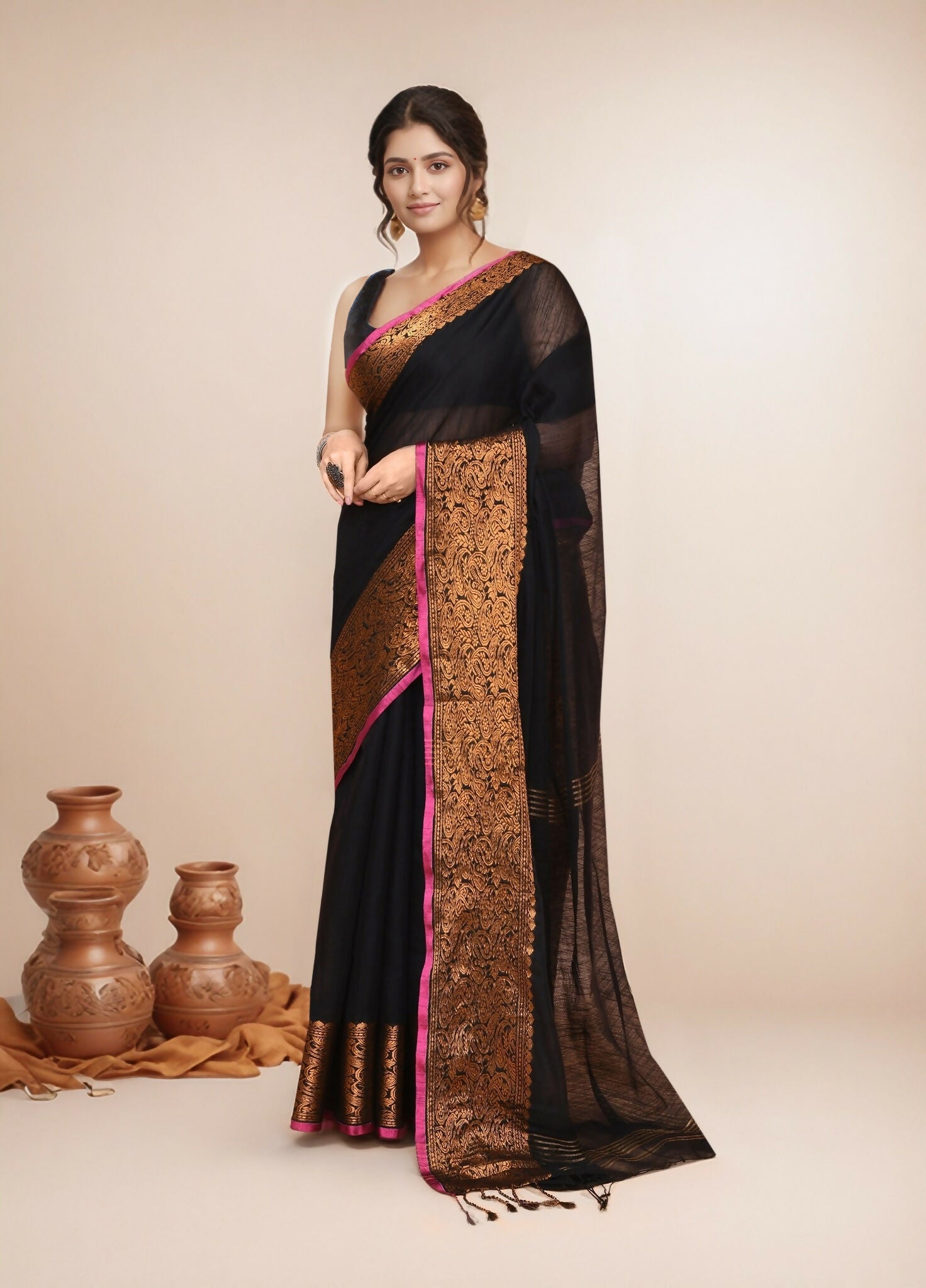 Joban Fashion Black Cotton Blend Handloom Saree | Grocsy