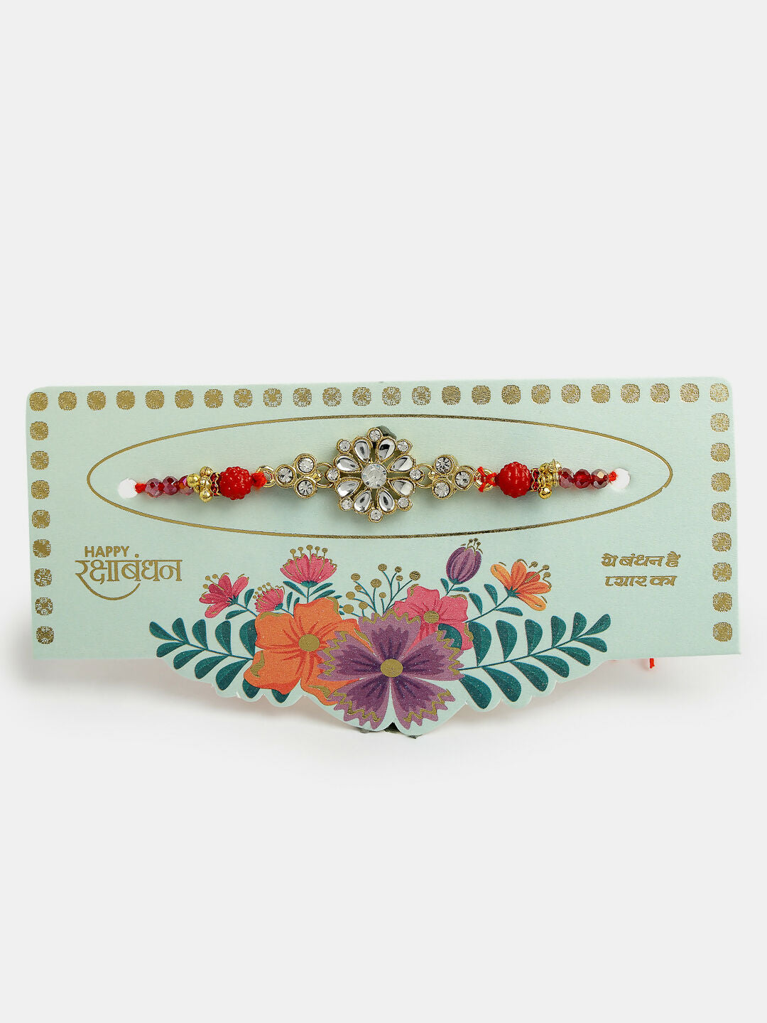 NVR Men Gold-Toned Stone-Studded Rakhi With Roli Chawal | Grocsy