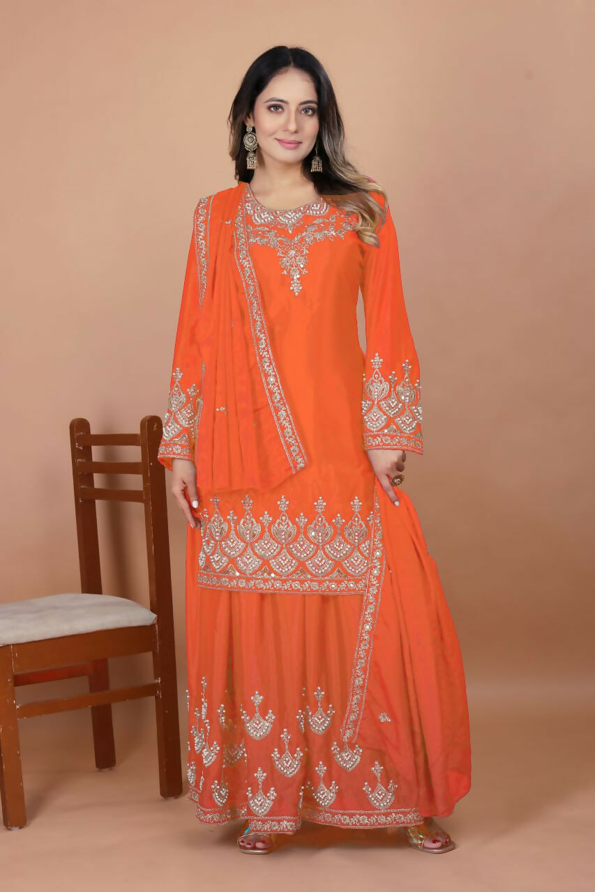 Joban Fashion Orange Silk Embroidered Sharara Set | Grocsy
