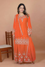 Joban Fashion Orange Silk Embroidered Sharara Set | Grocsy