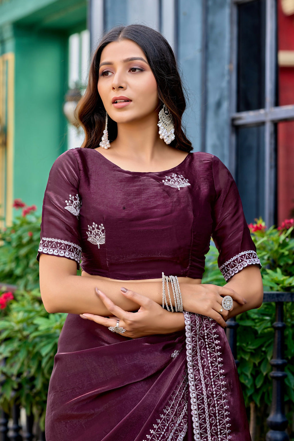 Vastranavya Wine Embroidery Work Shimmer Chiffon Saree with Unstitched Blouse | Grocsy
