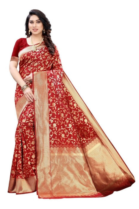 Vamika Banarasi Jacquard Weaving Red Saree (PARINITI RED) | Grocsy