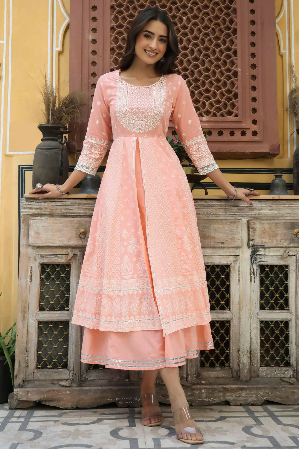 Juniper Women's Peach Cambric Printed Flared Dress | Grocsy