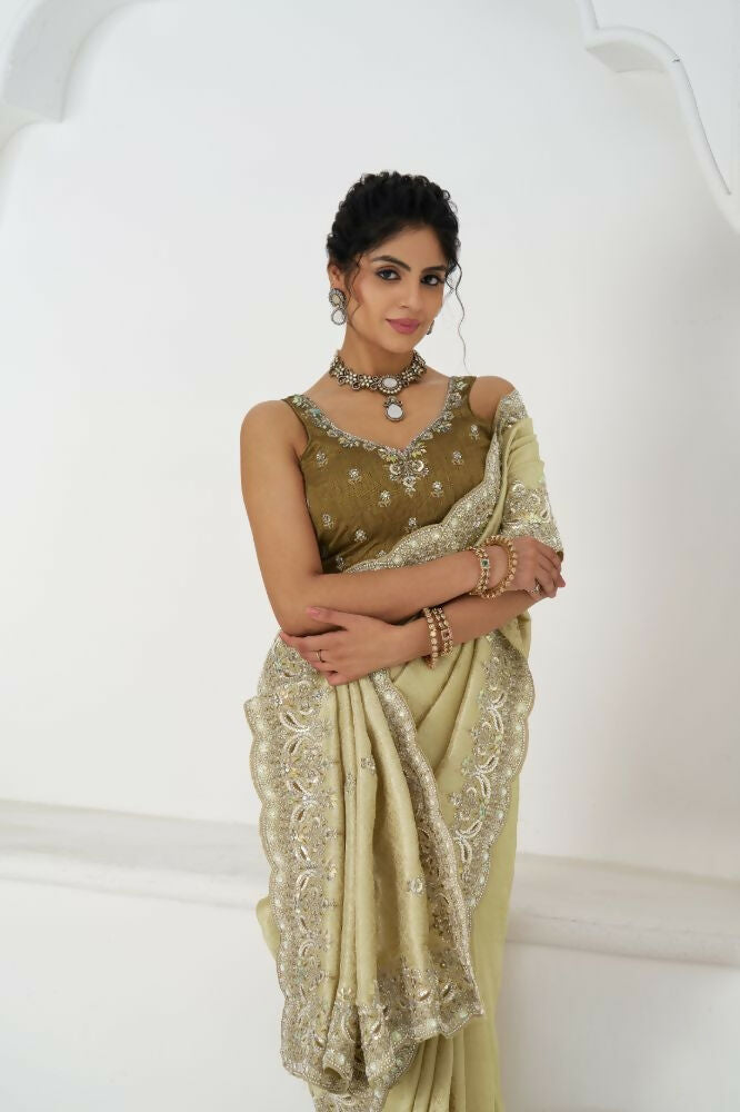 Kesar Fab Latest Chiku/ Champagne Pure Dola Viscouse Silk With Sequins And Beads Embroidery For Festivals Saree | Grocsy