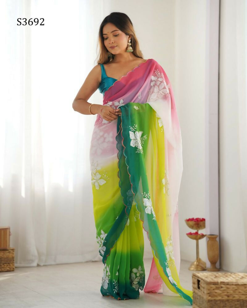Green Georgette Pedding Color, Embroidery Work Party Wear Saree - Erisha | Grocsy