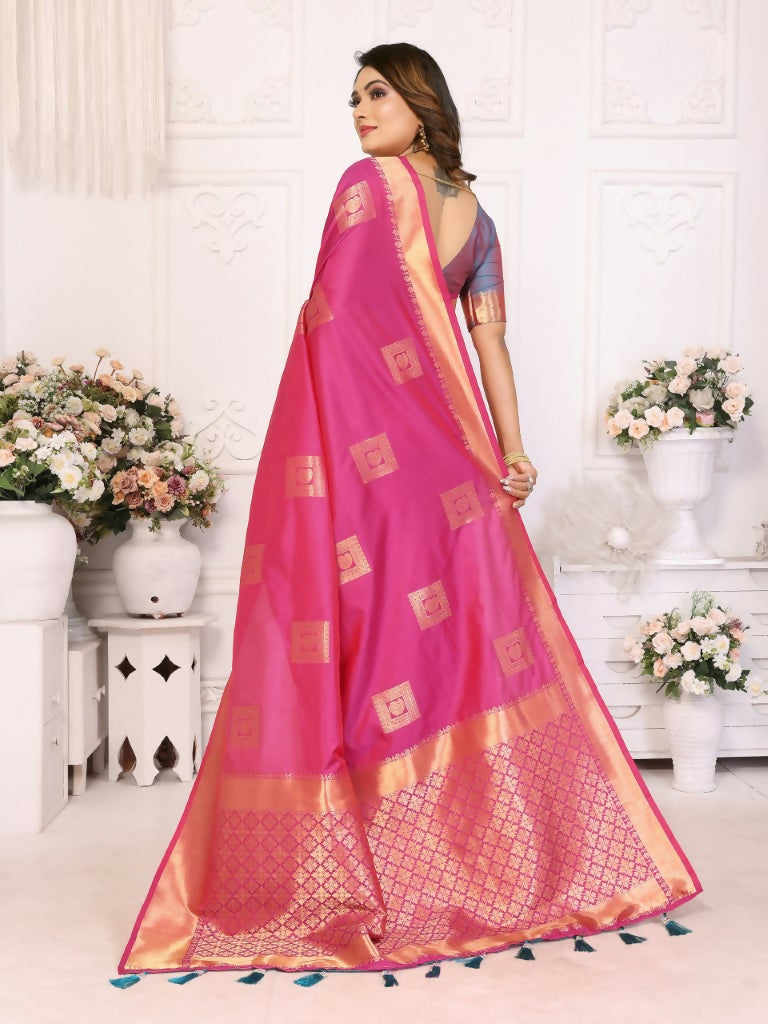 Anaita Rani Pink Soft Silk With Zari Weaving Borders Saree With Blouse | Grocsy