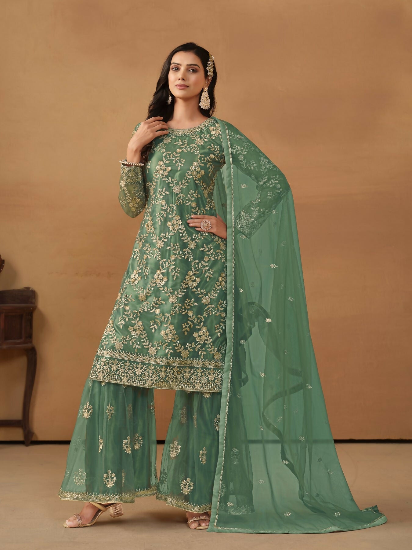Anaita Green Embroidered Net Salwar Suit | Grocsy