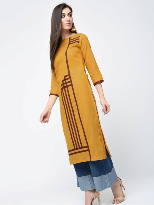 Aniyah Cotton Straight Mustard Color Kurta With Patchwork (AN-105K) | Grocsy