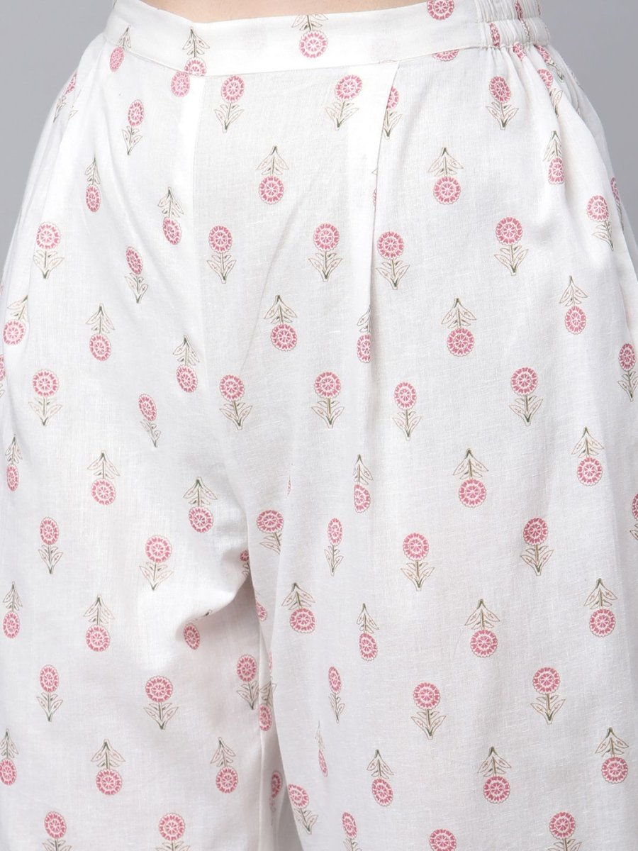Ahalyaa Women White Pure Cotton Printed Kurta Pant Set | Grocsy