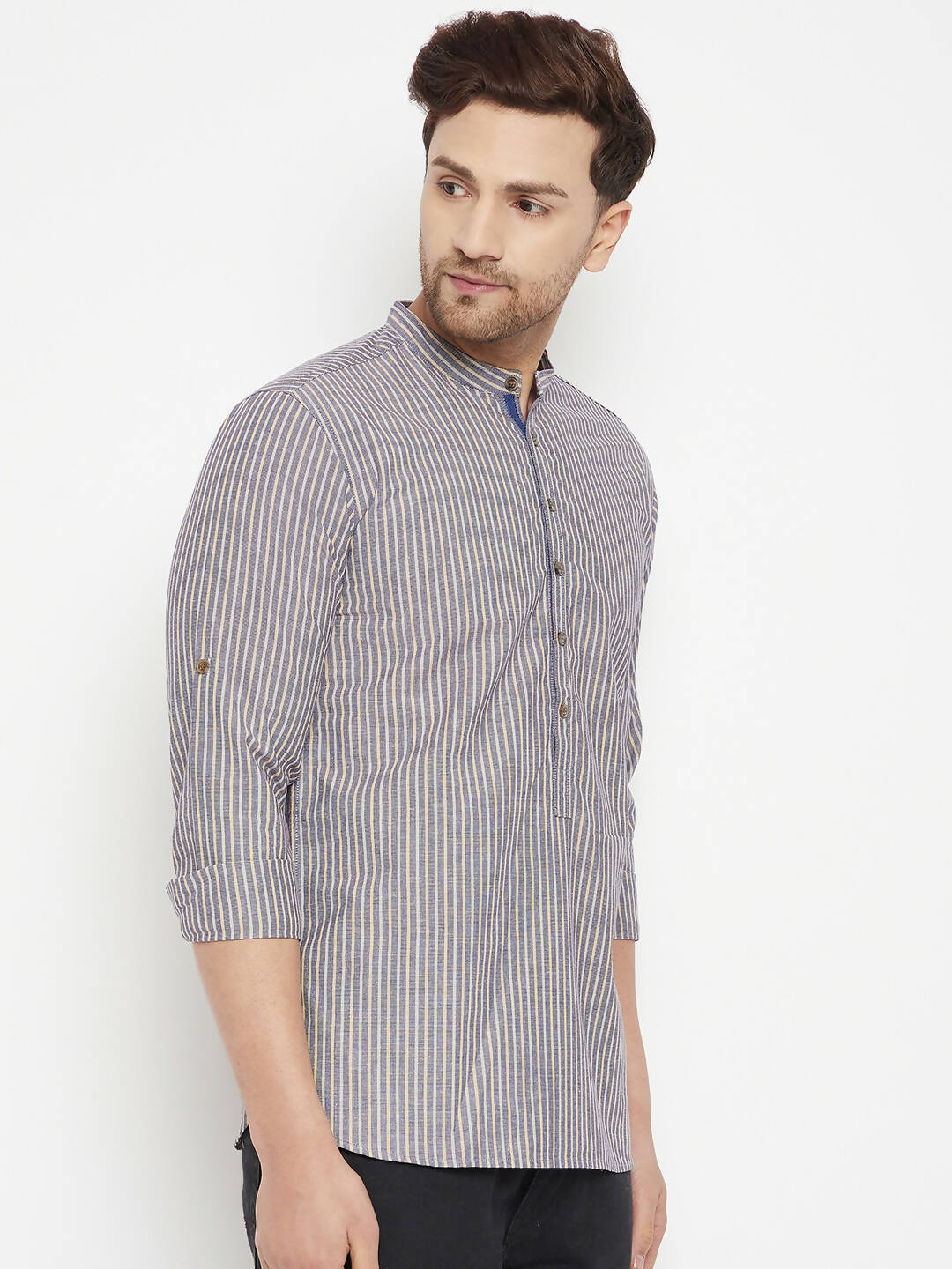 Even Apparels Grey Color Pure Cotton Short Men's Kurta With Band Collar | Grocsy