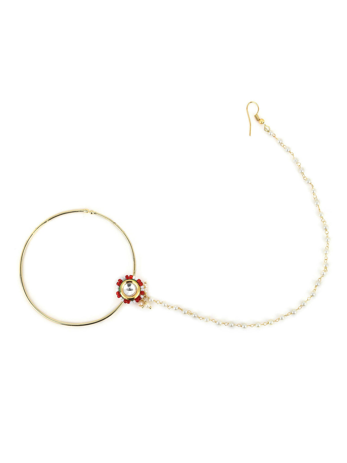 Gold-Pleated Red White Kundan Studded Beaded Chained Nosepin - Ruby Raang | Grocsy