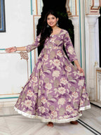 Miravan Women's Purple Flower Printed With Beautiful Lace Border Details Anarkali Kurta | Grocsy