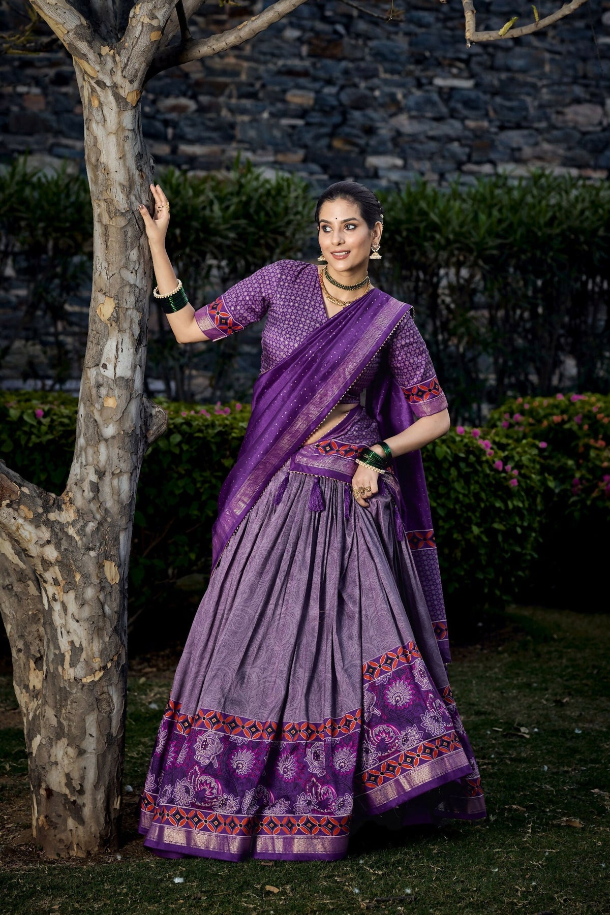 Vastranavya Floral Print With Foil Print Tussar Silk Lehenga With Unstitched Blouse - Purple | Grocsy