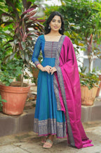Teeya Creation Womens New Elegant Blue Anarkali Gown with Embroidered Yoke Contrasting Pink Dupatta Set | Grocsy