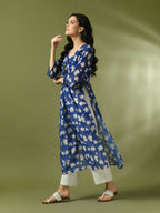 Myshka Women's Blue Printed Georgette A-Line Nyra-cut Kurta | Grocsy