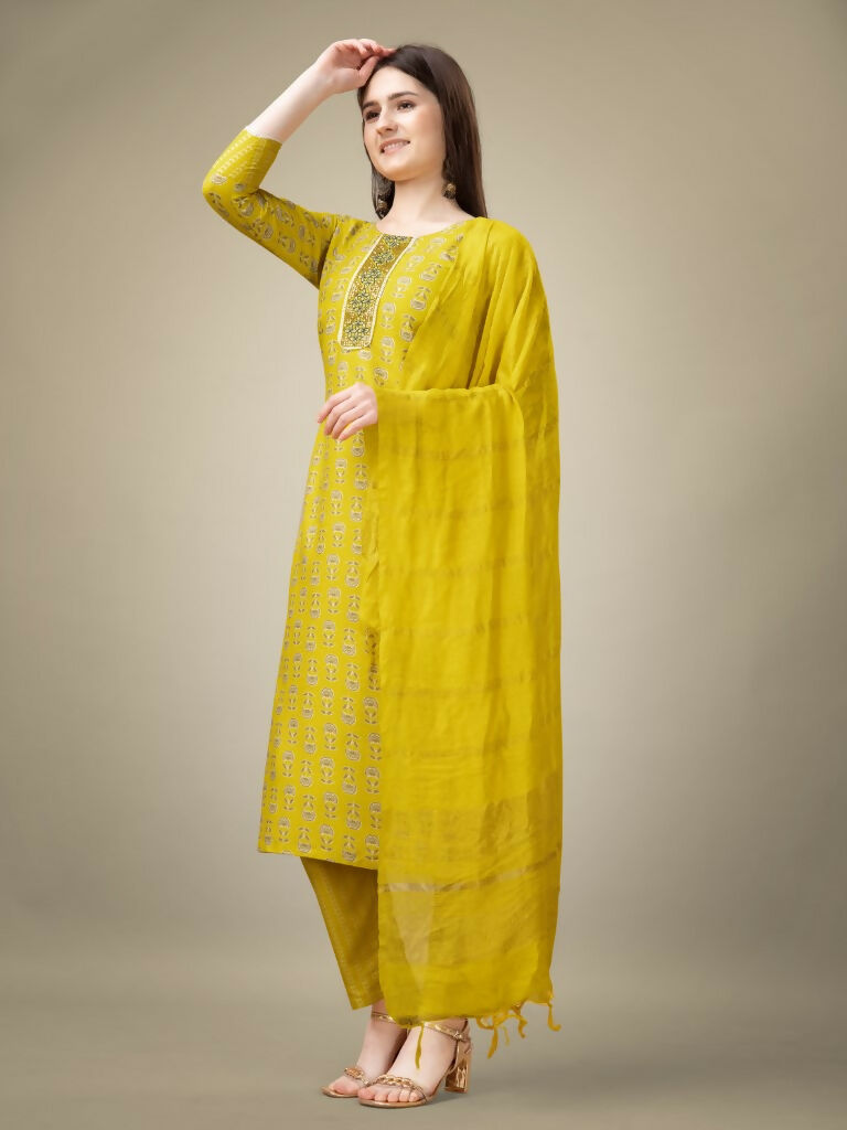 Jyoti Fashion Women's Yellow Rayon Embroidery & Sequence work Kurta with Trouser & Dupatta | Grocsy