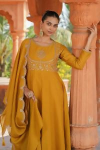 The52 Women's Beautiful Vichitra Silk Fabric Embroidery Work Flared Anarkali Pant and Dupatta Set | Grocsy