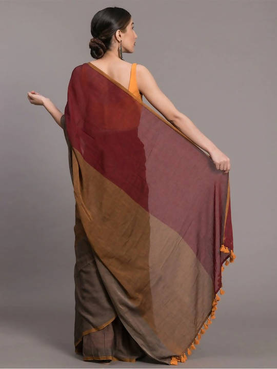 Suta Grey Maroon Colourblocked Pure Cotton Saree | Grocsy