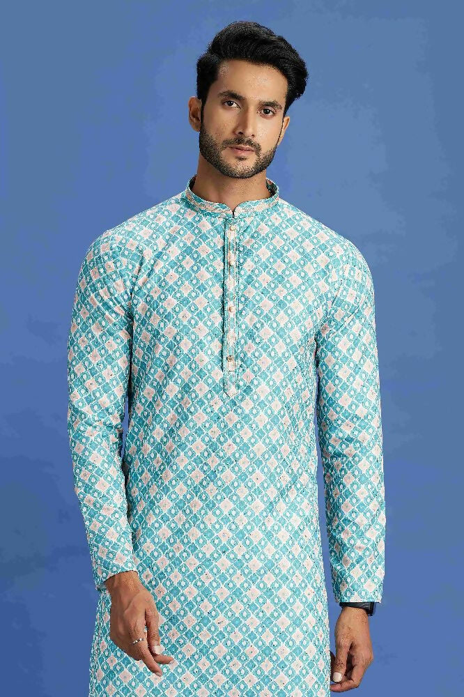 Raivat Ethnic Cotton Embroidery Kurta Pajama In Teal Green Colour | Grocsy