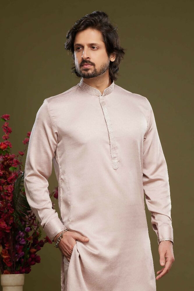 Raivat Ethnic Art Banarasi Silk Thread Work Kurta Pajama In Peach Colour | Grocsy