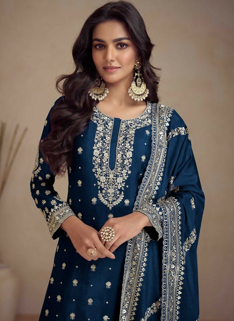 Vastranavya Glamorous Blue Chinon Palazzo Suit With Intricate Sequins Embroidery Work with Dupatta | Grocsy