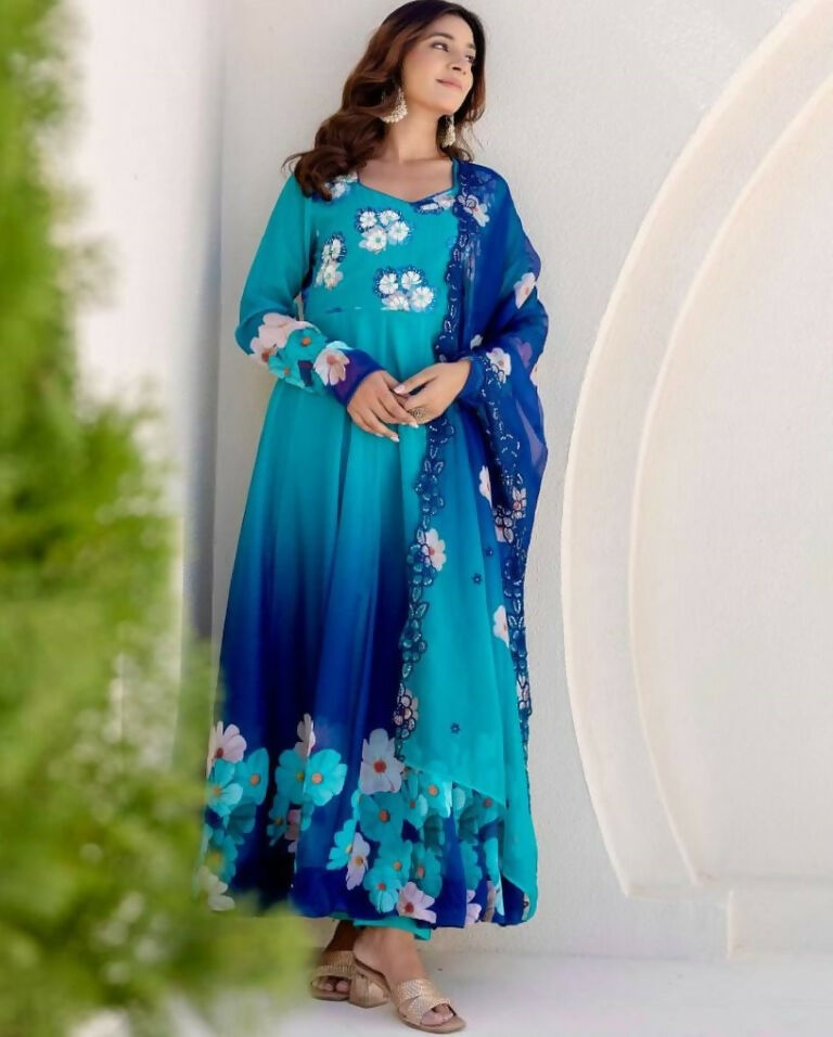Teeya Creation Multi Color Taby Organza Silk Printed Party Wear Gown | Grocsy