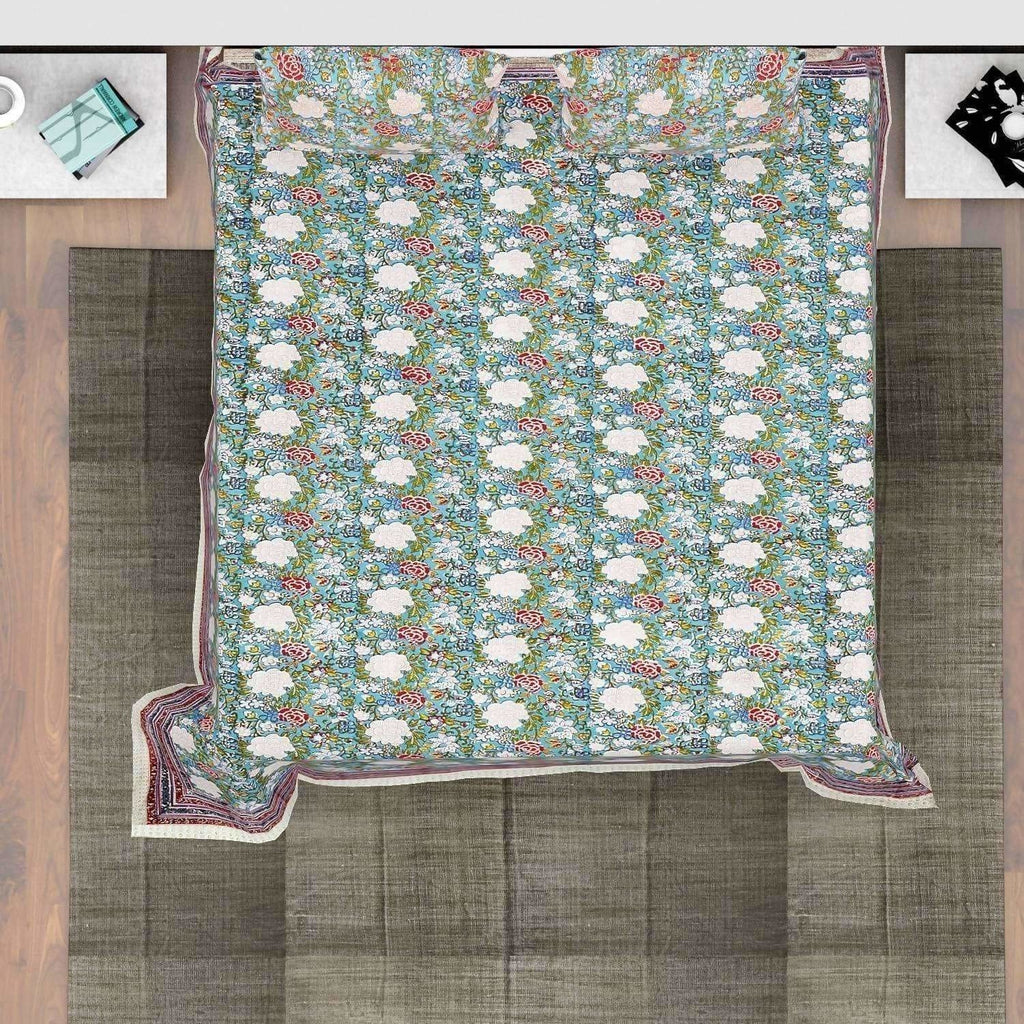 Premium Jaipuri Hand Block Printed Traditional Cotton Queen Bedsheet with 2 Pillow Covers | Grocsy