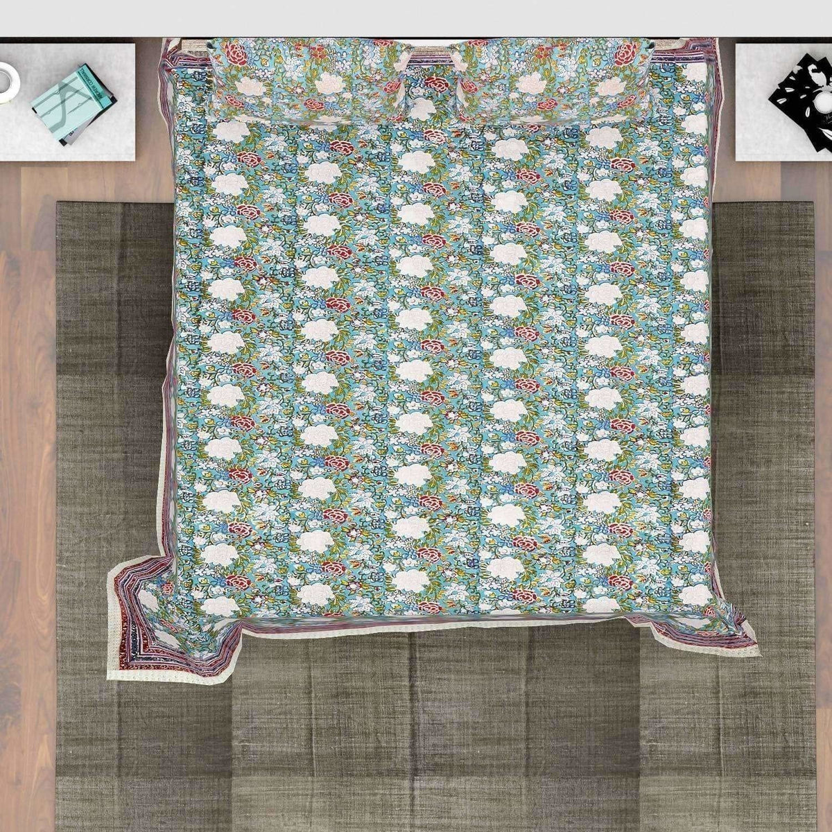 Premium Jaipuri Hand Block Printed Traditional Cotton Queen Bedsheet with 2 Pillow Covers | Grocsy
