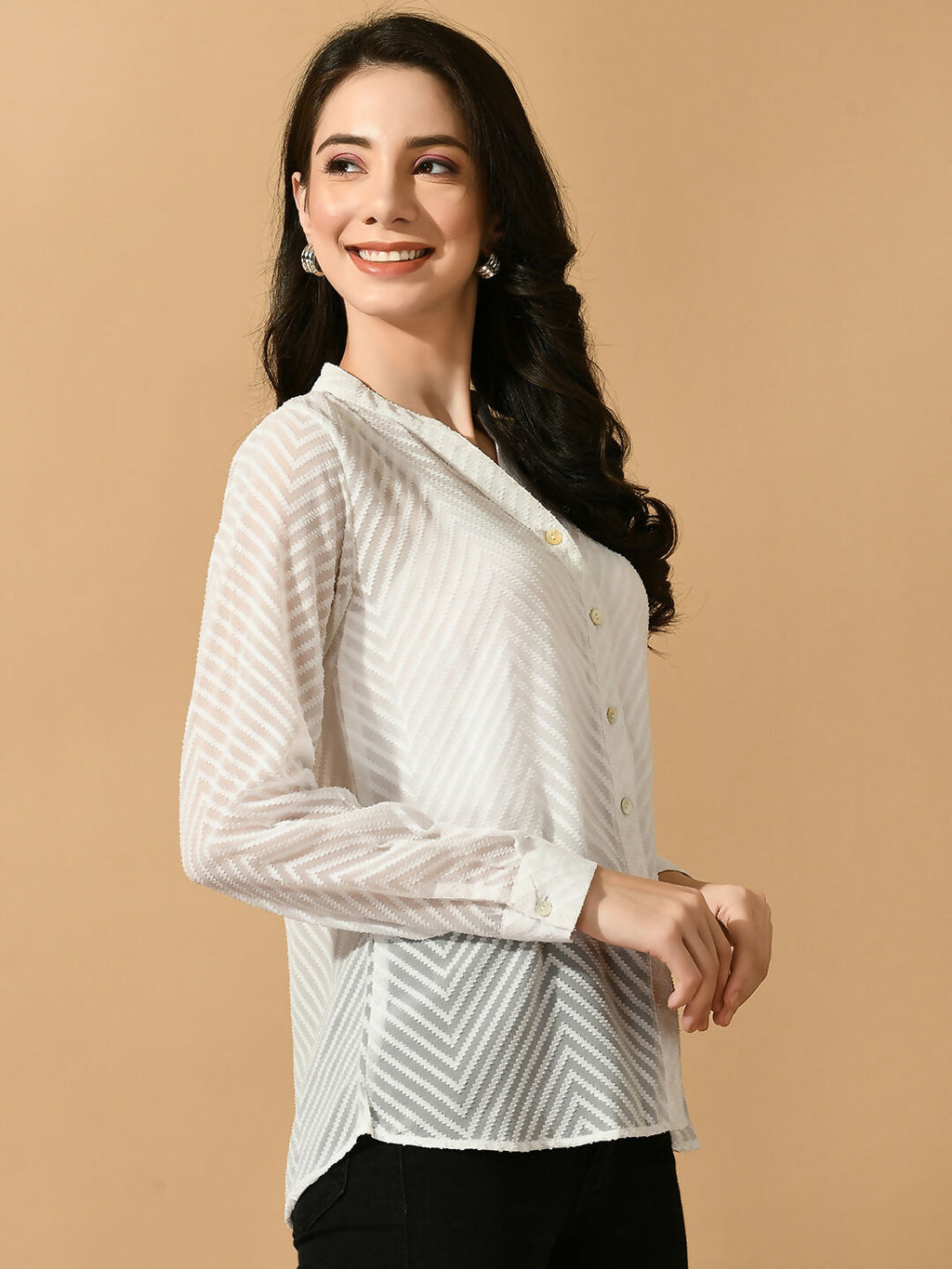 Myshka Women's White Georgette Solid Sheer Shirt | Grocsy