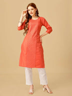 Jyoti Fashion Women's Coral Cotton Blend Embroidered Kurta Pant Set | Grocsy