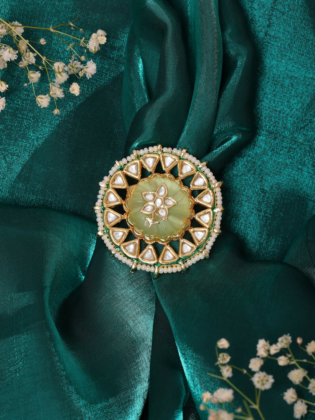 Ruby Raang Gold Polished Green Kundan Cocktail Ring | Grocsy