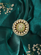 Ruby Raang Gold Polished Green Kundan Cocktail Ring | Grocsy