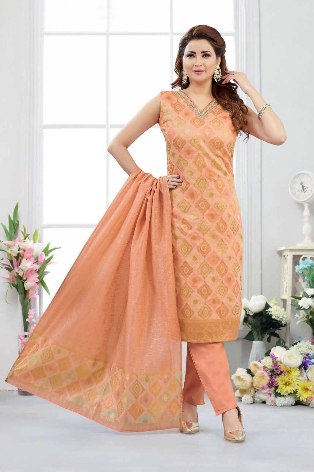 Joban Fashion Jacquard Peach Color Kurta Set | Grocsy