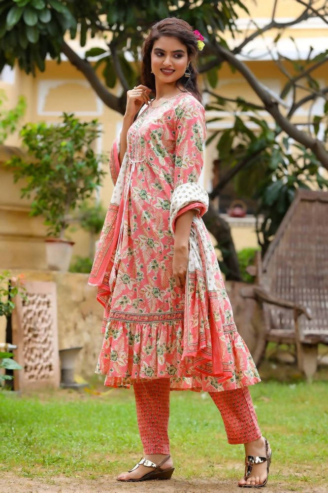 Yufta Pink Printed Tiered Kurta with Trouser and Dupatta | Grocsy