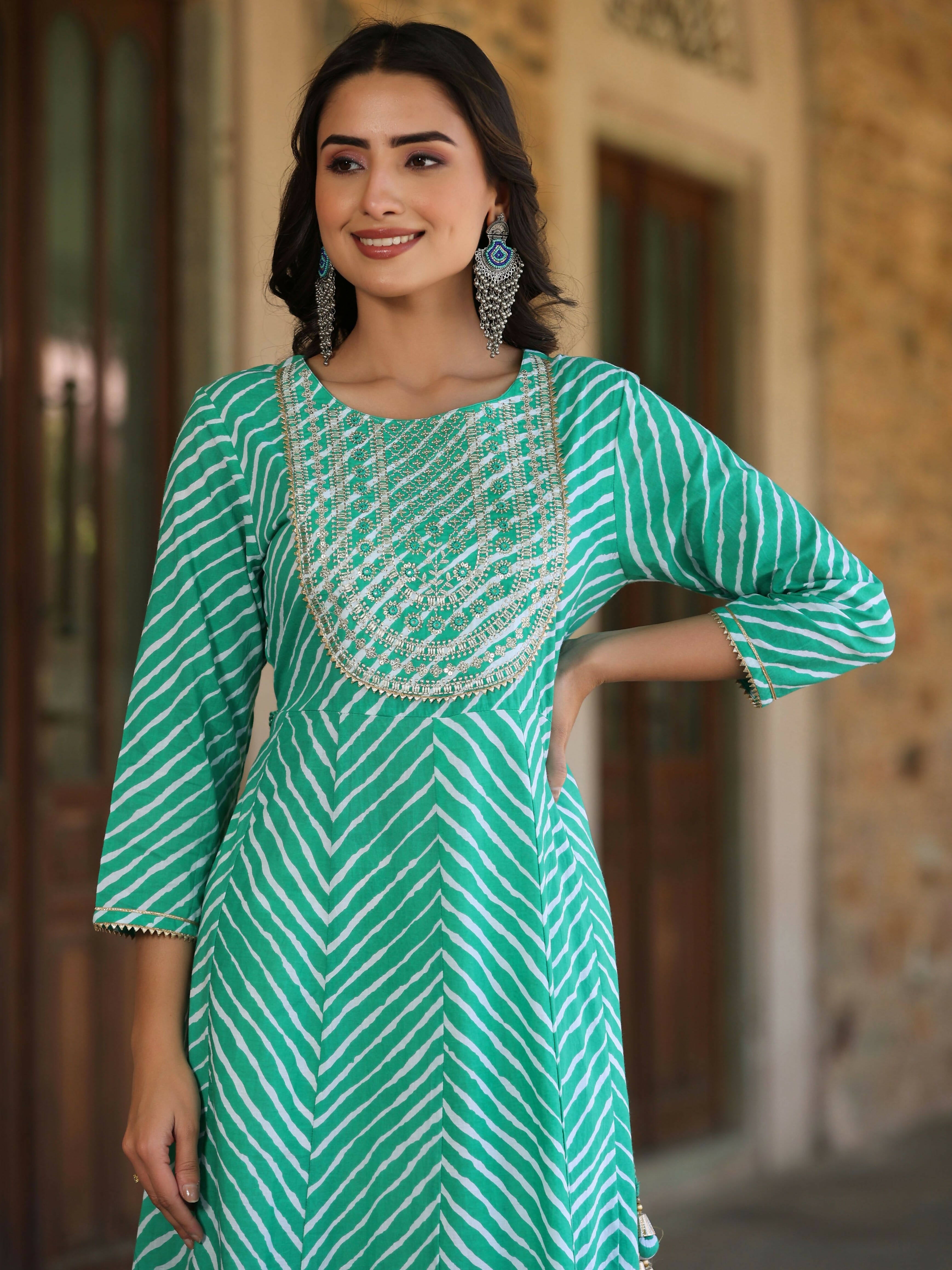 Juniper Women's Green Printed Embroidered Mirror Work Sequin Cotton Flared Dress | Grocsy