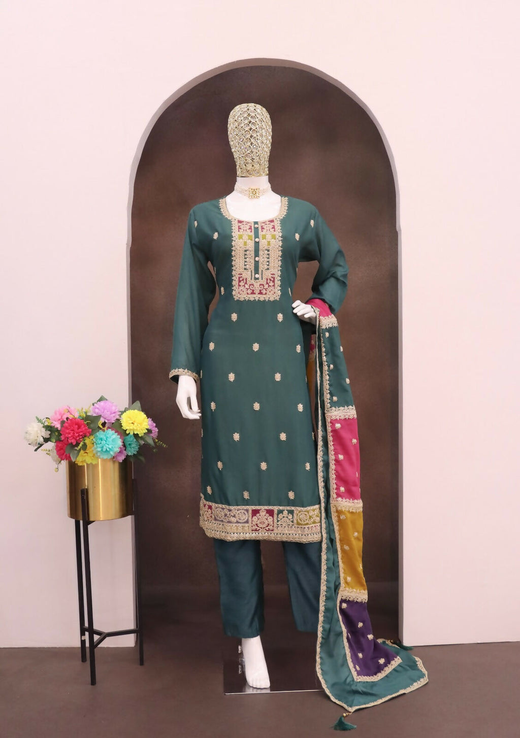 Teeya Creation Green Color Chinon Silk Embroidery Work Wedding Wear Designer Salwar Suit | Grocsy