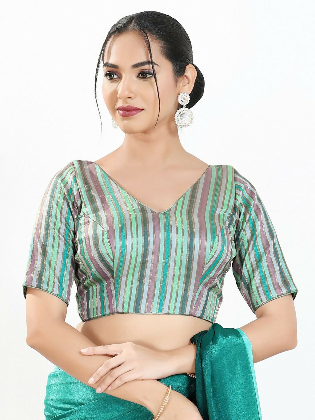 Joban Fashion Pista Multi Brocade Padded Blouse With V Neck Elbow Sleeves | Grocsy