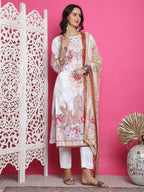 Jyoti Fashion Women's Cream Satin Traditional Digital Print with Crystal work Kurta with Trouser & Dupatta | Grocsy