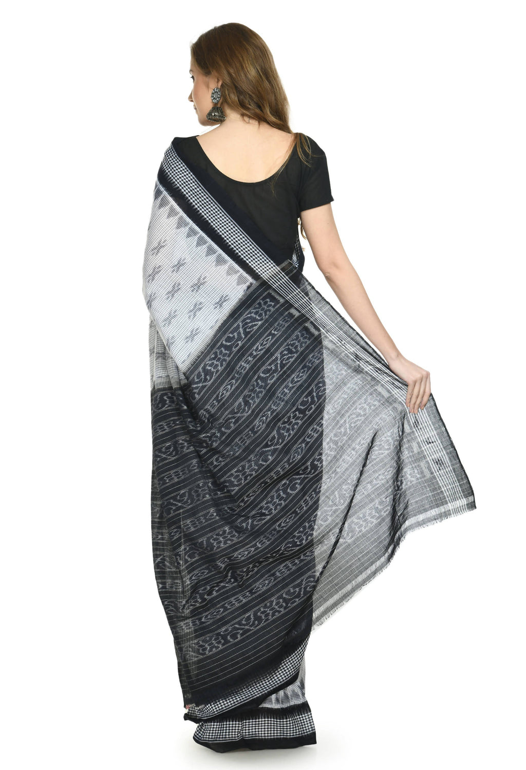 Vamika Sambalpuri Ikat Cotton Dehabandha White & Black Checks Saree | Grocsy