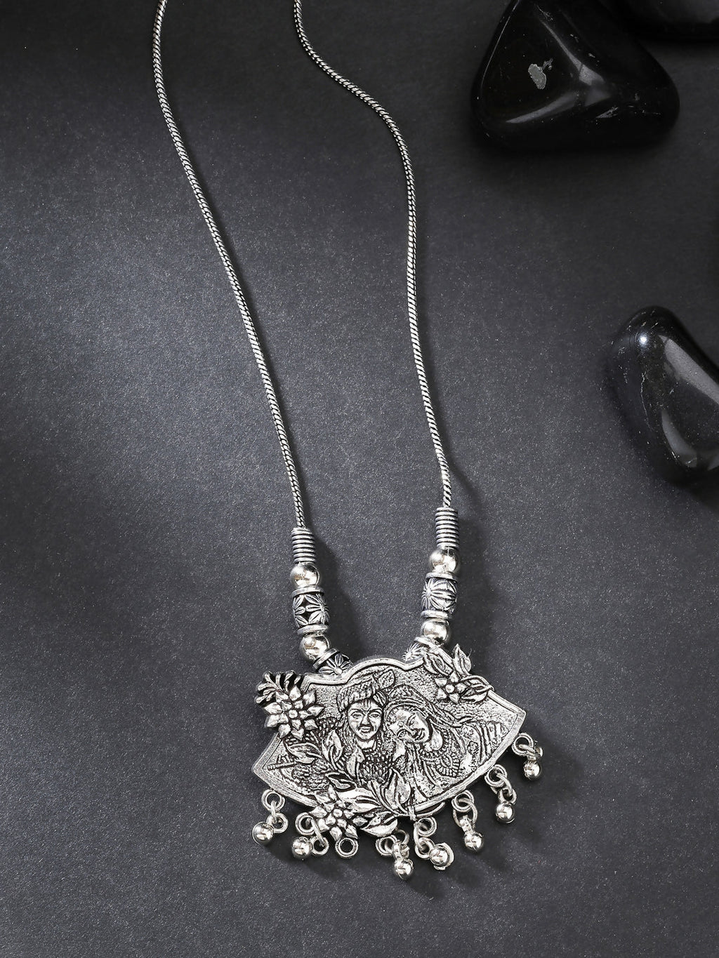 NVR Women's Silver-Toned Radha Krishna Pendant with Chain | Grocsy