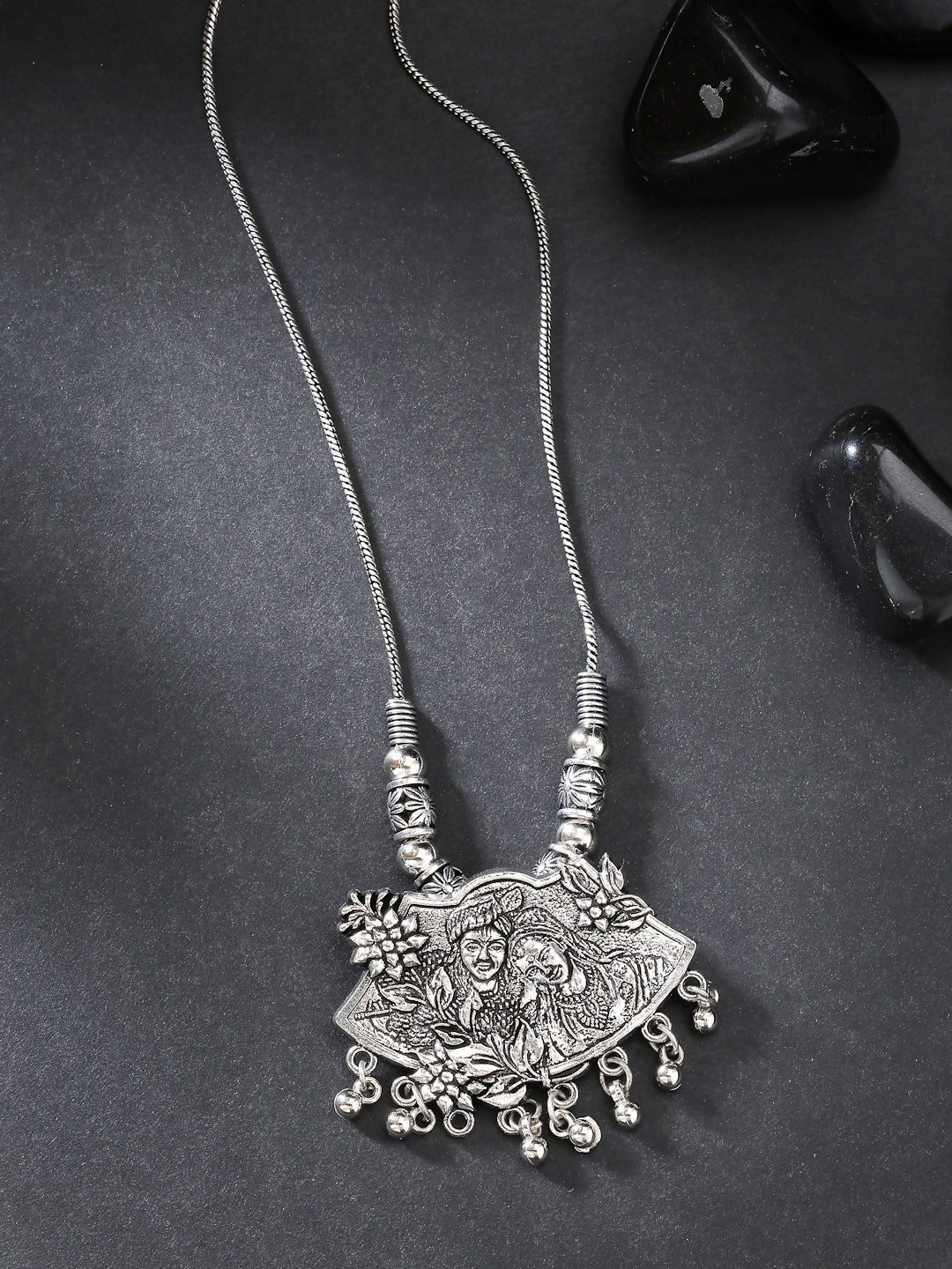 NVR Women's Silver-Toned Radha Krishna Pendant with Chain | Grocsy