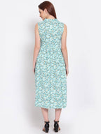 Myshka Women's Green Printed Rayon Sleeveless Collar Neck Casual Dress | Grocsy