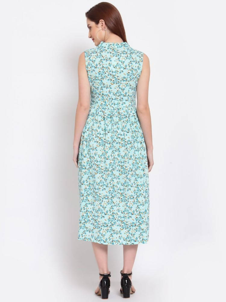 Myshka Women's Green Printed Rayon Sleeveless Collar Neck Casual Dress | Grocsy