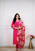 The52 Pink Women's Beautiful Viscose Silk Fabric Embroidered Work Straight Kurta Pant and Dupatta Set | Grocsy