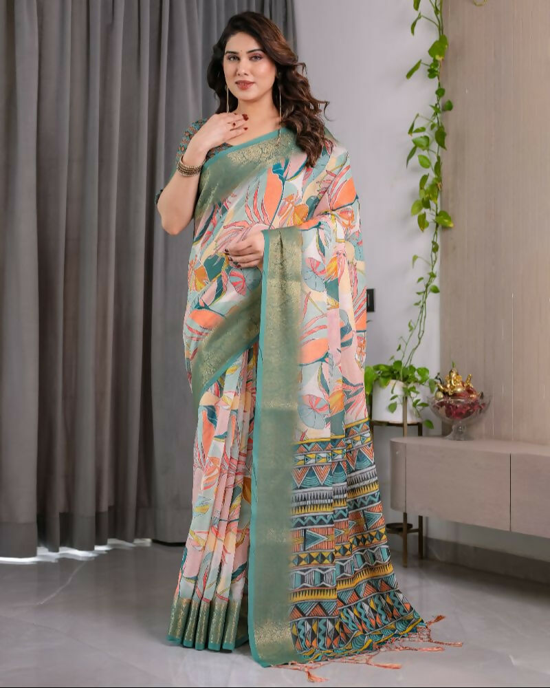 PR Fashion Olive Pure Handloom Linen Saree | Grocsy