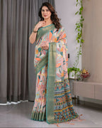 PR Fashion Olive Pure Handloom Linen Saree | Grocsy
